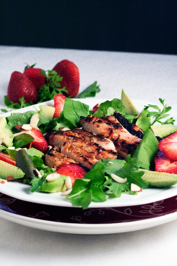 Mixed Greens and Strawberry Salad with Chicken, Goat Cheese and Avocado