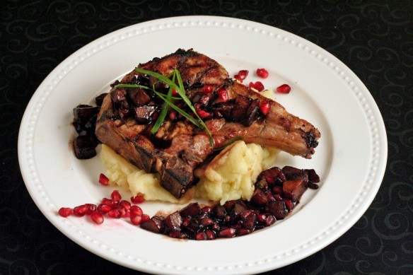 Grilled Pork Chops with Pomegranate and Pear in a Balsamic Reduction Sauce