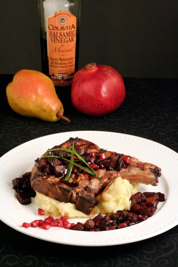 Grilled Pork Chops with Pomegranate and Pear in Balsamic Reduction Sauce