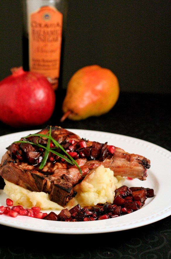 Grilled Pork Chops with Pomegranate and Pear in a Balsamic Reduction Sauce