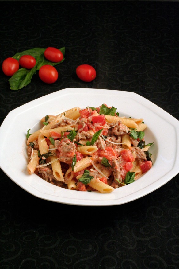 Penne Pasta with Sausage and Fresh Basil in a cream sauce