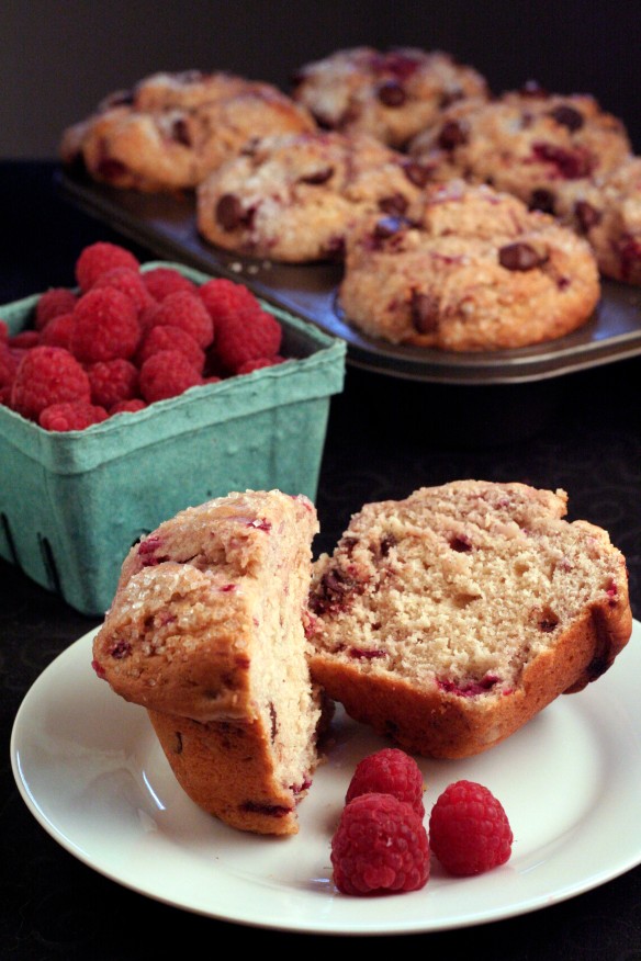 Bakery Style Muffins with Red Raspberries and Dark Chocolate